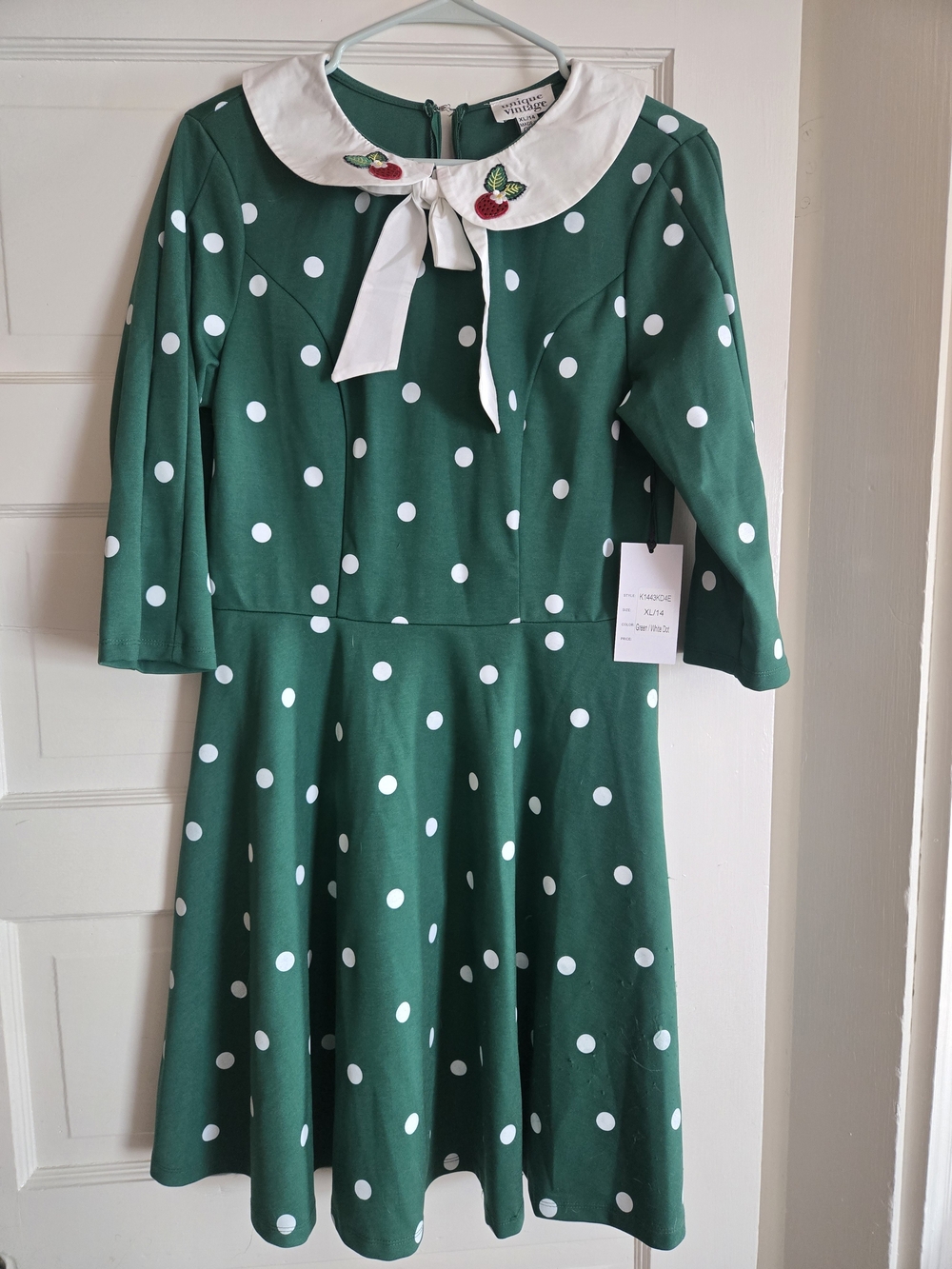 Unique Vintage Green Polka Dot Midi Dress with White Peter Pan Collar